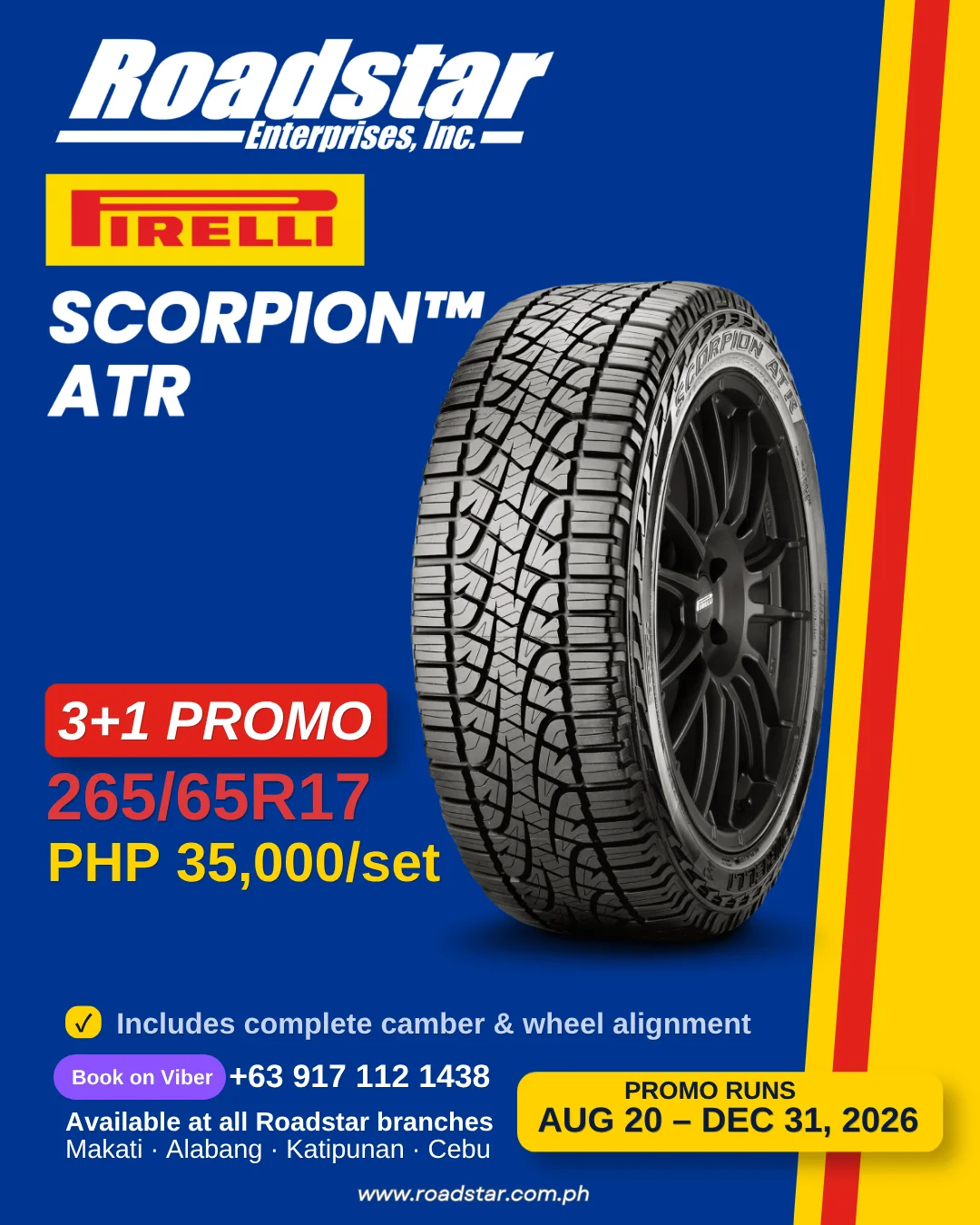 Pirelli Scorpion ATR All-Terrain, 265/65R17 at PHP 35,000 per set, buy 3 get 1 free