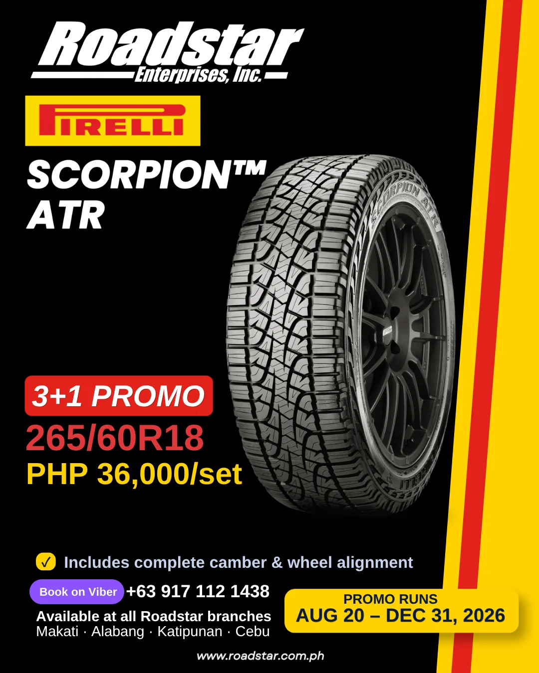 Pirelli Scorpion ATR All-Terrain, 265/60R18 at PHP 36,000 per set, buy 3 get 1 free