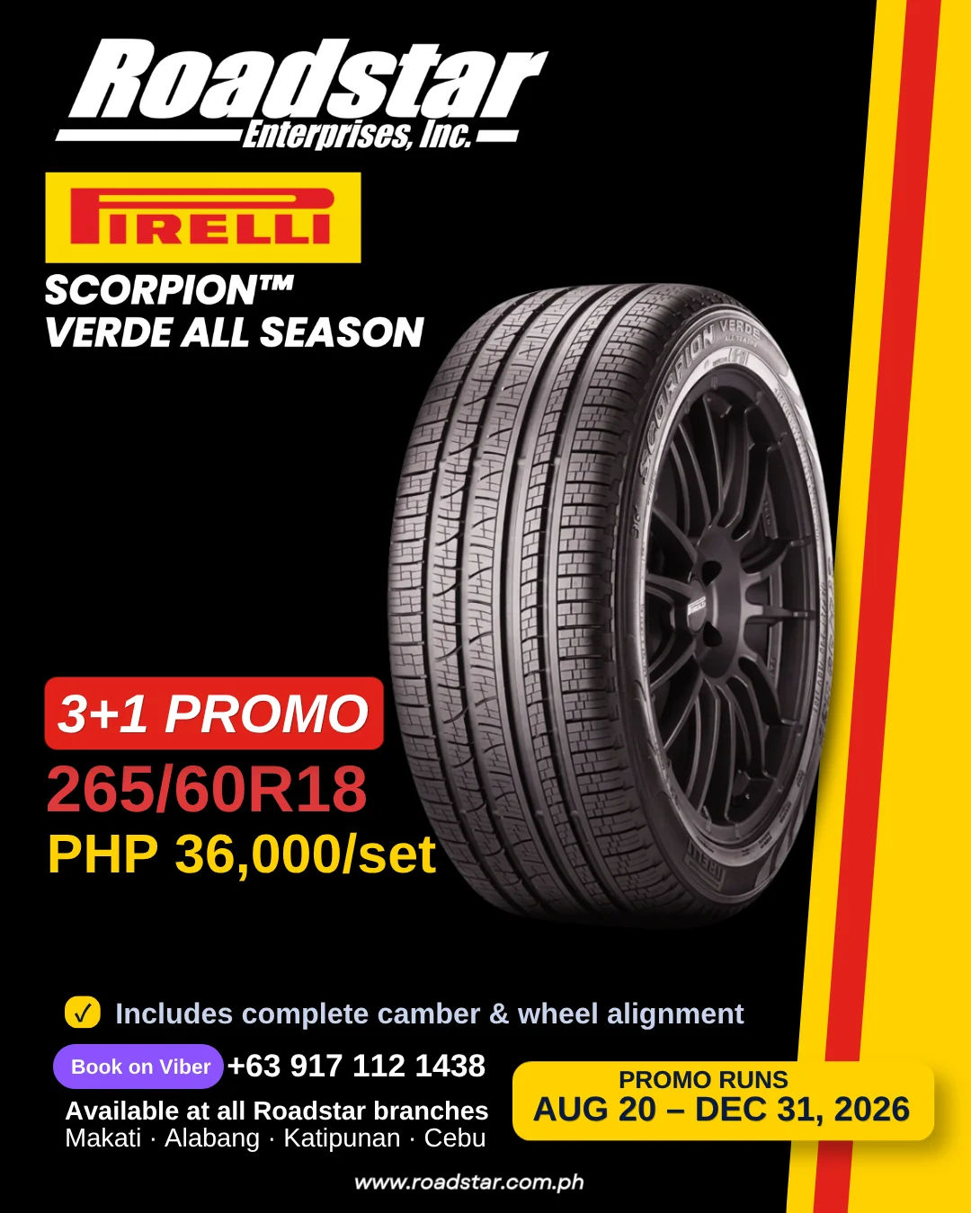 Pirelli Scorpion Verde All Season, 265/60R18 at PHP 36,000 per set, buy 3 get 1 free